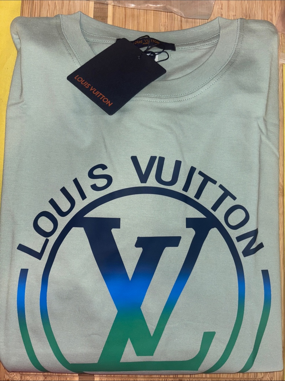 Short Sleeve T-Shirt in Light Sage with Blue-Green Logo Read 👇